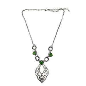 Green Rhinestone Vintage Style Twisted Cable Links Silver Tone 21" Necklace